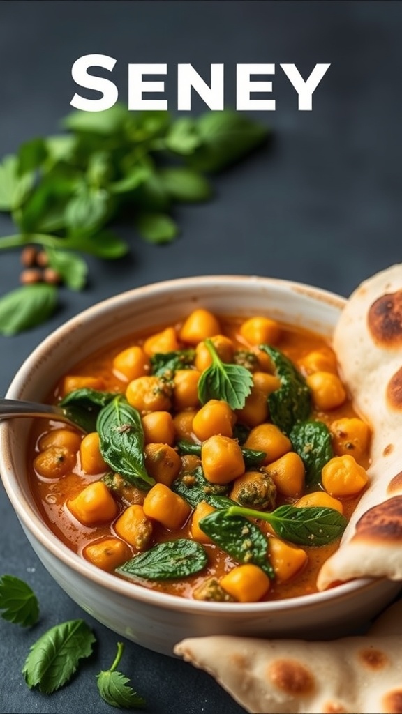 A bowl of chickpea and spinach curry with naan on the side