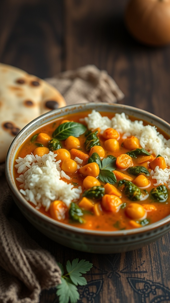 A bowl of chickpea and spinach curry served with rice and naan.