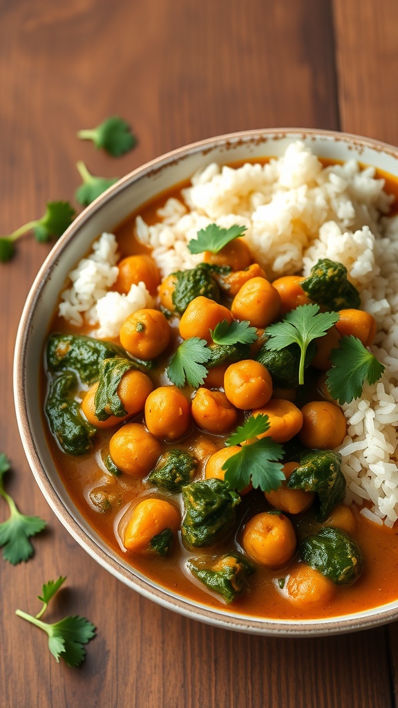 A bowl of chickpea and spinach curry served with rice, garnished with fresh cilantro.
