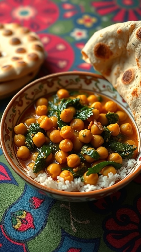 Delicious chickpea and spinach curry served with rice and naan.