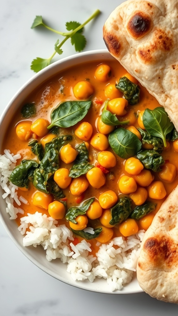 A bowl of chickpea and spinach curry served with rice and naan, garnished with fresh spinach leaves.
