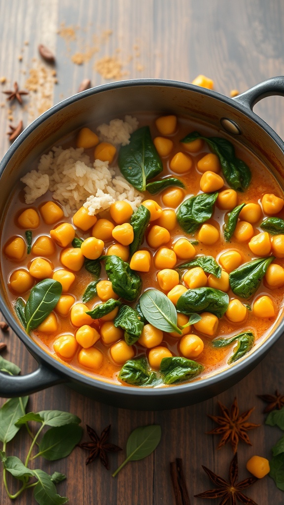 A pot of chickpea and spinach curry with rice, showcasing vibrant yellow chickpeas and fresh green spinach.