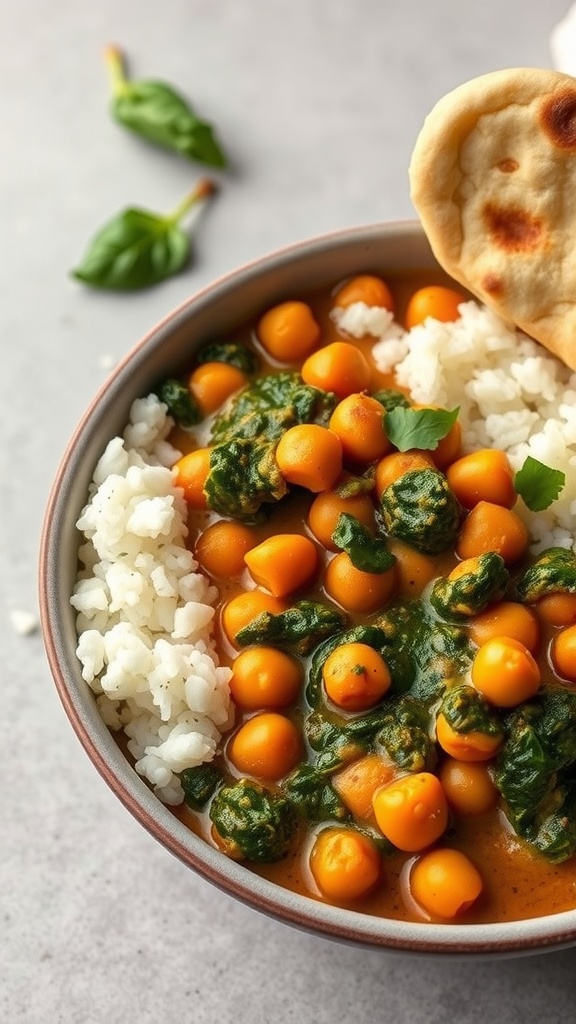 A bowl of chickpea and spinach curry served with rice and naan.