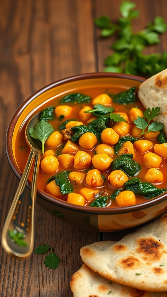 A warm bowl of chickpea and spinach curry served with naan bread.