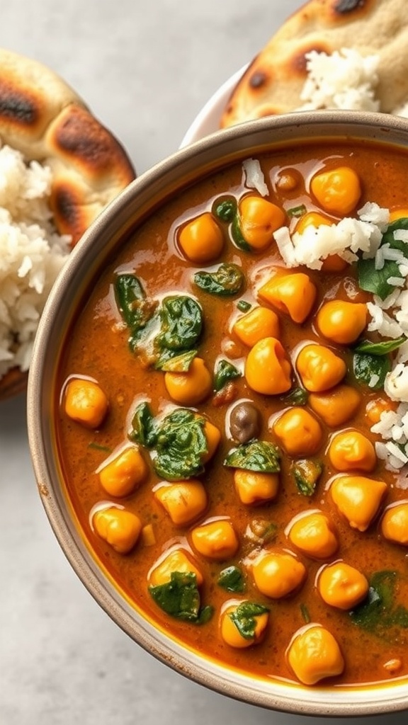 A bowl of chickpea and spinach curry with rice and naan