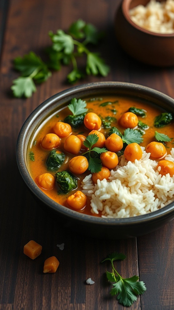 A bowl of Chickpea and Spinach Curry served with rice.