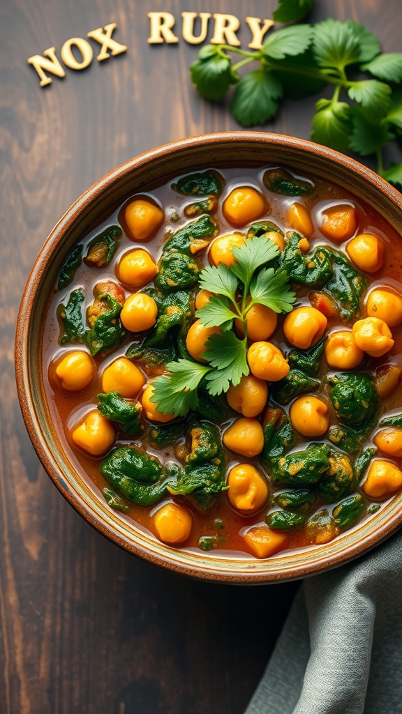 A bowl of chickpea and spinach curry garnished with cilantro.