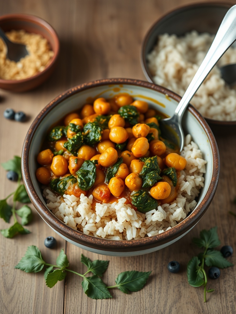A bowl of chickpea and spinach curry served over brown rice, garnished with fresh herbs.