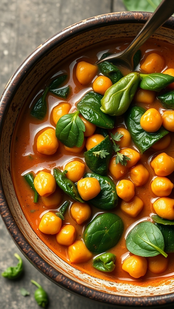 A bowl of chickpea and spinach stew with vibrant colors and hearty texture.