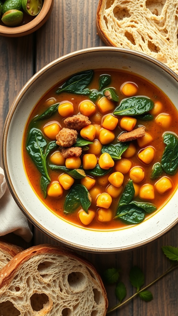 A bowl of chickpea and spinach stew with bread on the side