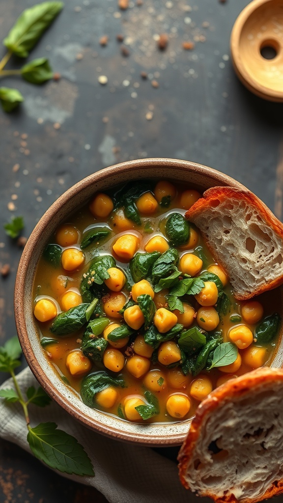 A bowl of chickpea and spinach stew with a piece of bread on the side.
