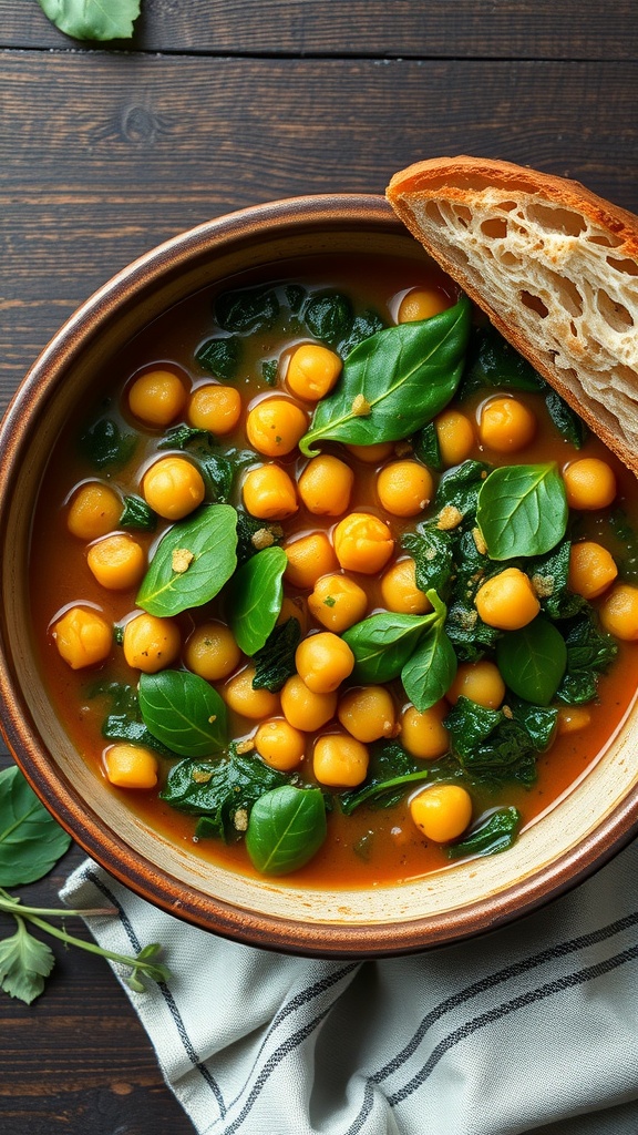 A bowl of chickpea and spinach stew with a slice of bread on the side.