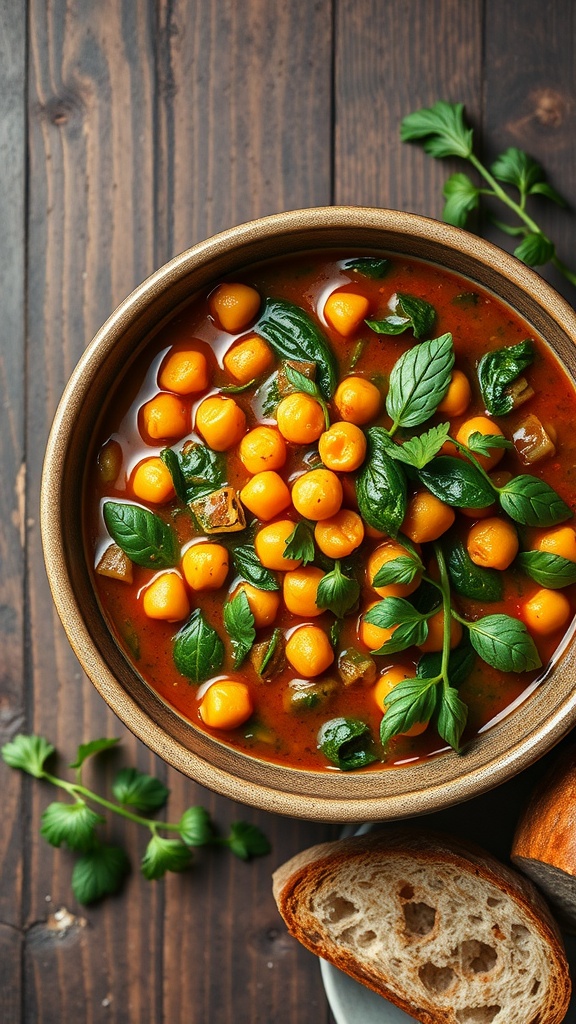 A bowl of chickpea and spinach stew garnished with herbs, served with bread on the side.