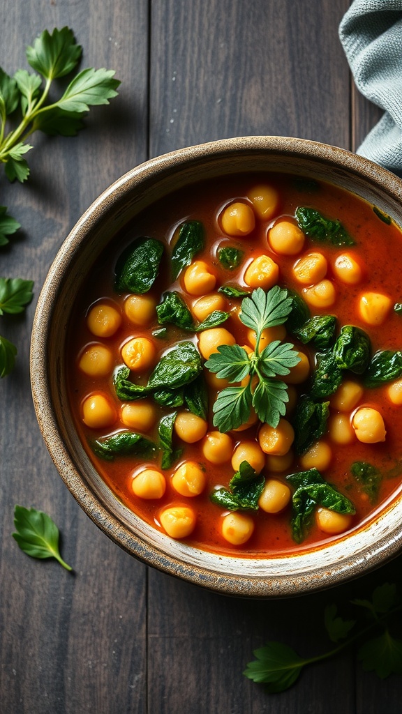 A hearty bowl of chickpea and spinach stew with a sprinkle of parsley on top.