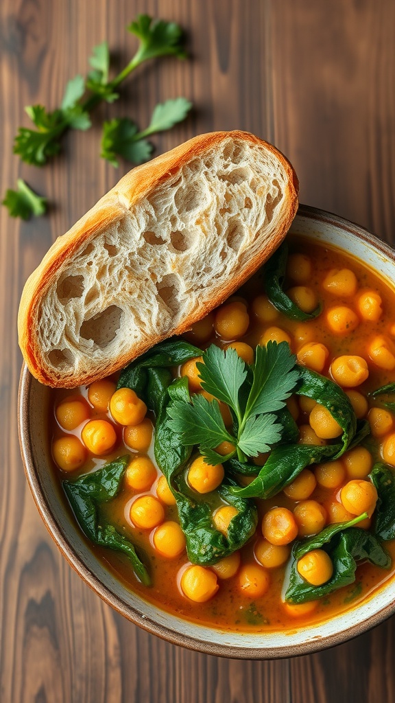 A hearty chickpea and spinach stew served in a bowl with a piece of bread.