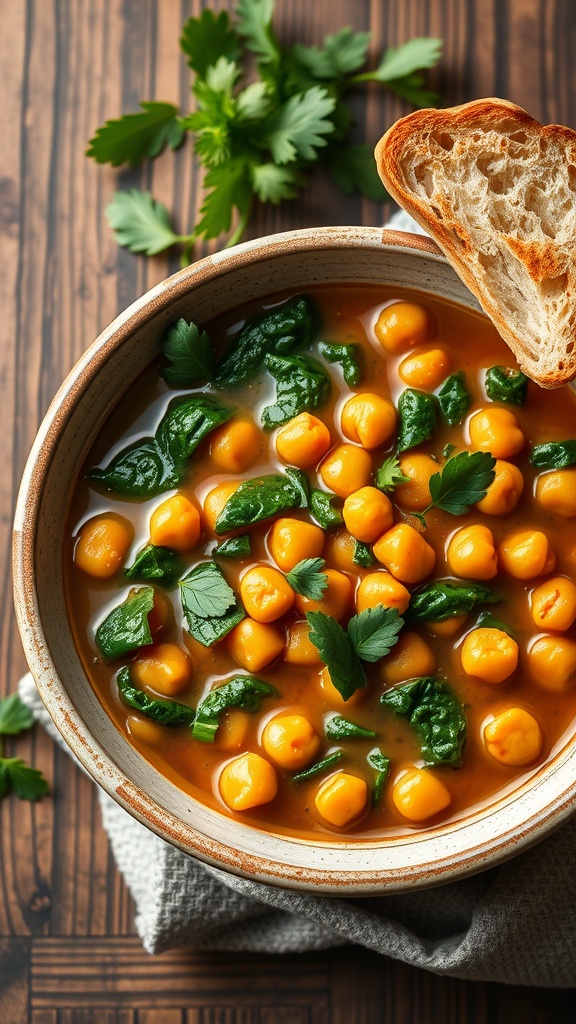 A bowl of chickpea and spinach stew with a slice of bread