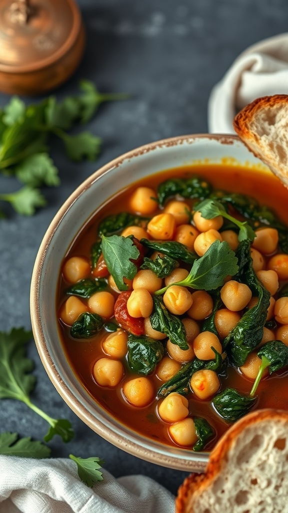 A bowl of chickpea and spinach stew with fresh herbs and bread