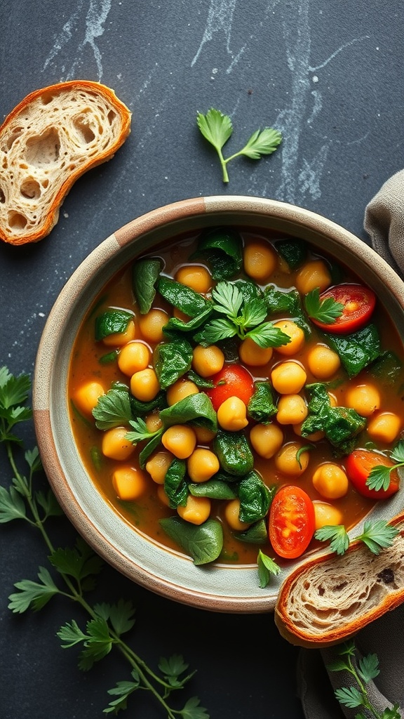 Bowl of chickpea and spinach stew with bread and herbs on a dark surface.