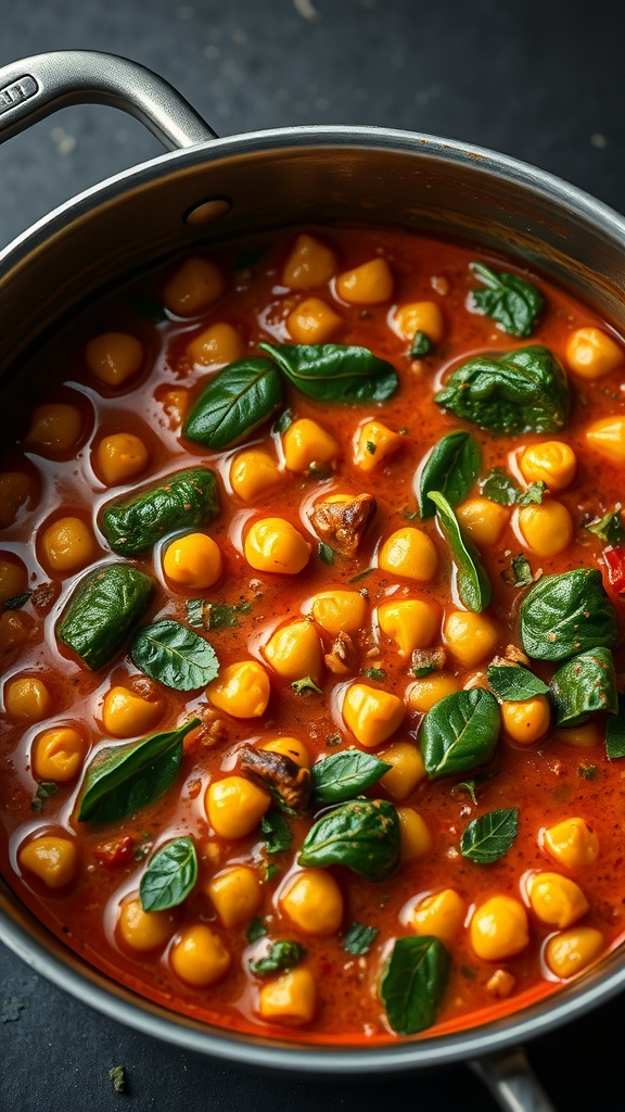 A warm bowl of Chickpea and Spinach Stew with a rich tomato base and vibrant green spinach.