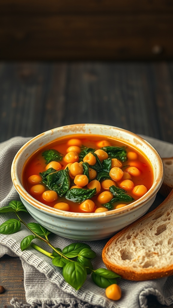 A bowl of chickpea and spinach stew with slices of bread on the side.