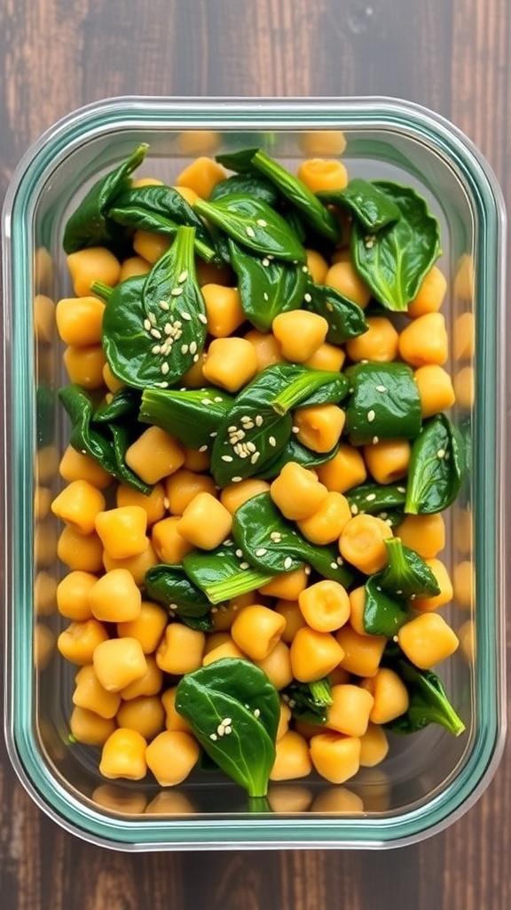 Chickpeas and spinach stir-fry in a skillet