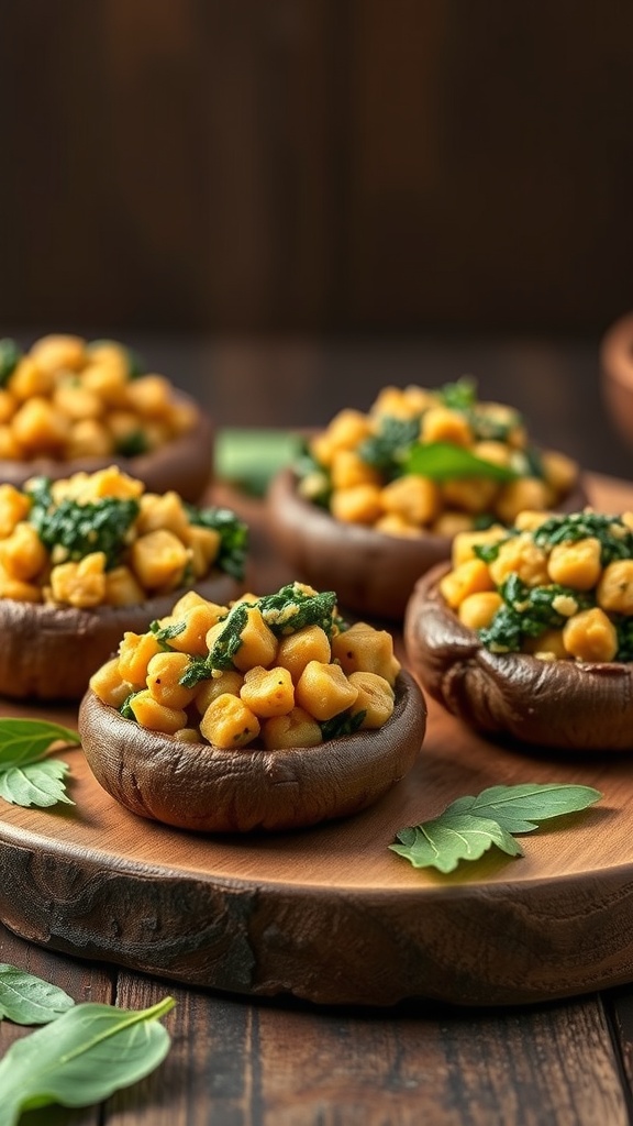 Chickpea and spinach stuffed portobello mushrooms on a wooden platter