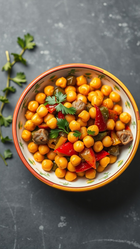 A vibrant bowl of chickpeas and mixed vegetables.