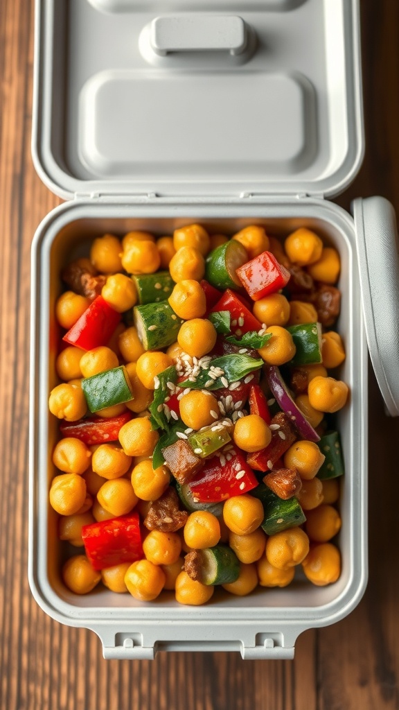 A healthy chickpea and veggie stir-fry in a lunchbox