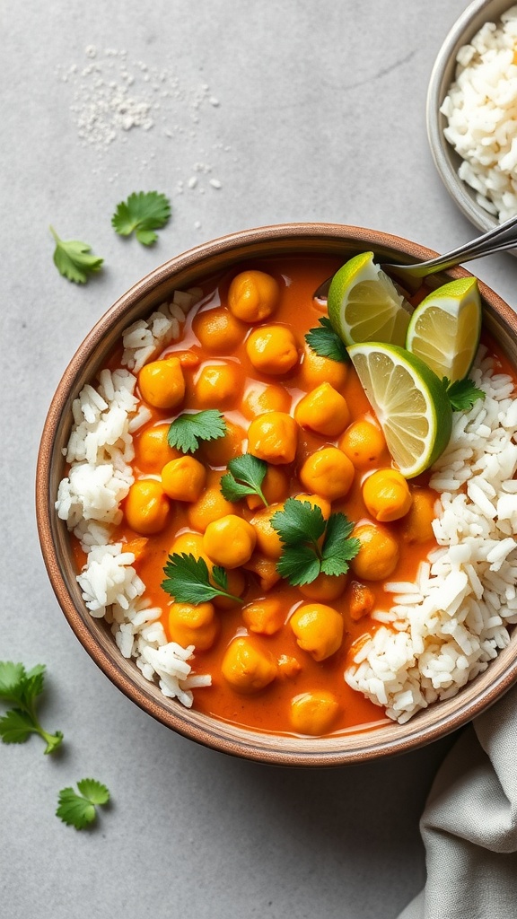 A delicious bowl of chickpea coconut curry served with rice and garnished with lime and cilantro.