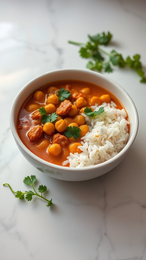 A bowl of chickpea curry with rice and cilantro on a marble surface.