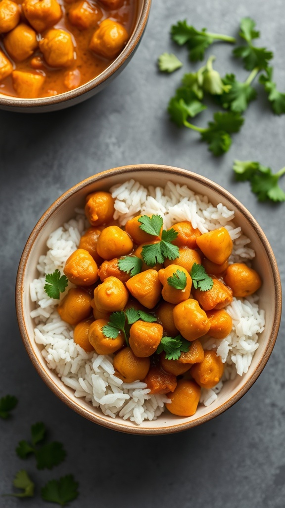 A bowl of chickpea curry served over rice, garnished with cilantro.