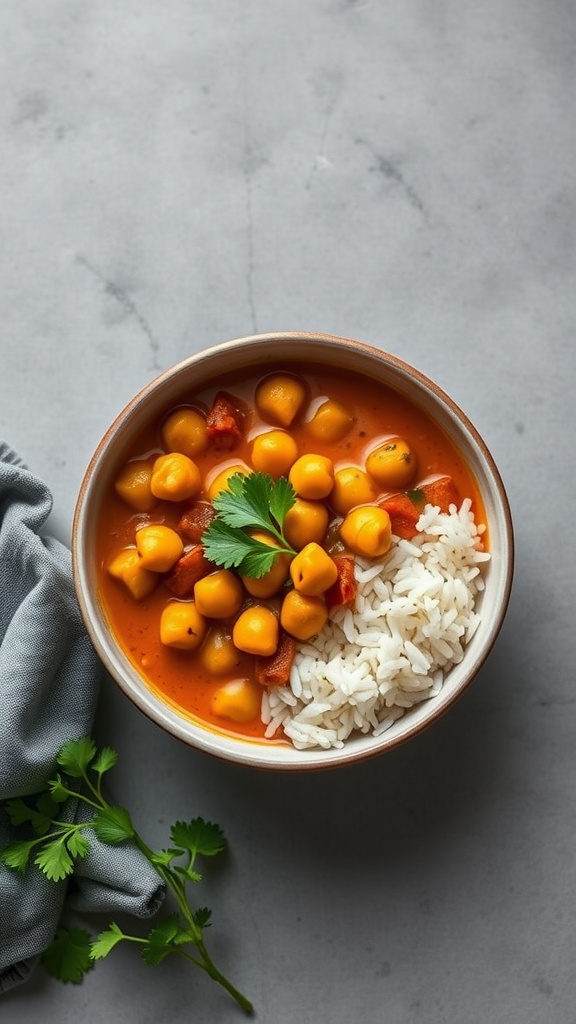 A bowl of chickpea curry served with rice and garnished with cilantro.