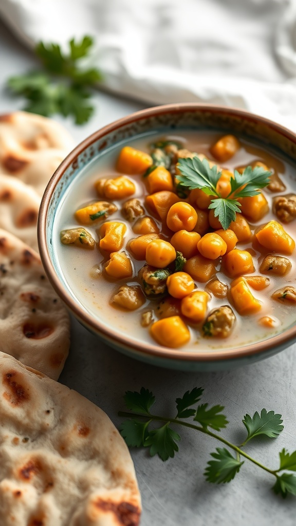A bowl of chickpea curry in coconut milk with herbs and flatbread.