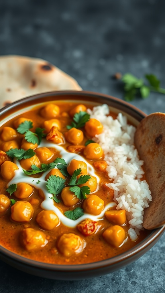 A bowl of Chickpea Curry in Coconut Sauce with rice and naan.