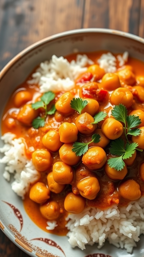 Chickpea curry served over rice with cilantro garnish