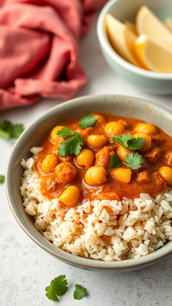 A bowl of chickpea curry served over brown rice, garnished with cilantro and accompanied by lemon wedges.