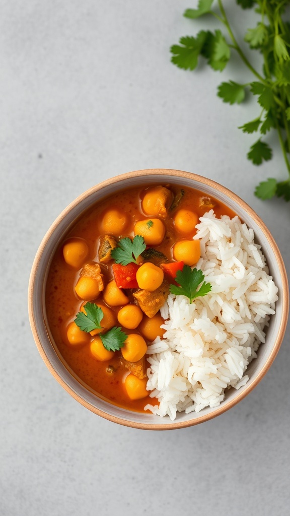 A bowl of chickpea curry with coconut milk, garnished with cilantro and served with rice.