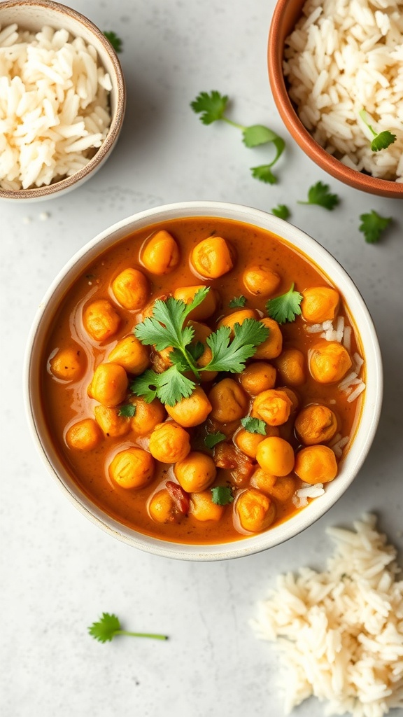 A bowl of chickpea curry with coconut milk, garnished with cilantro, alongside bowls of rice.