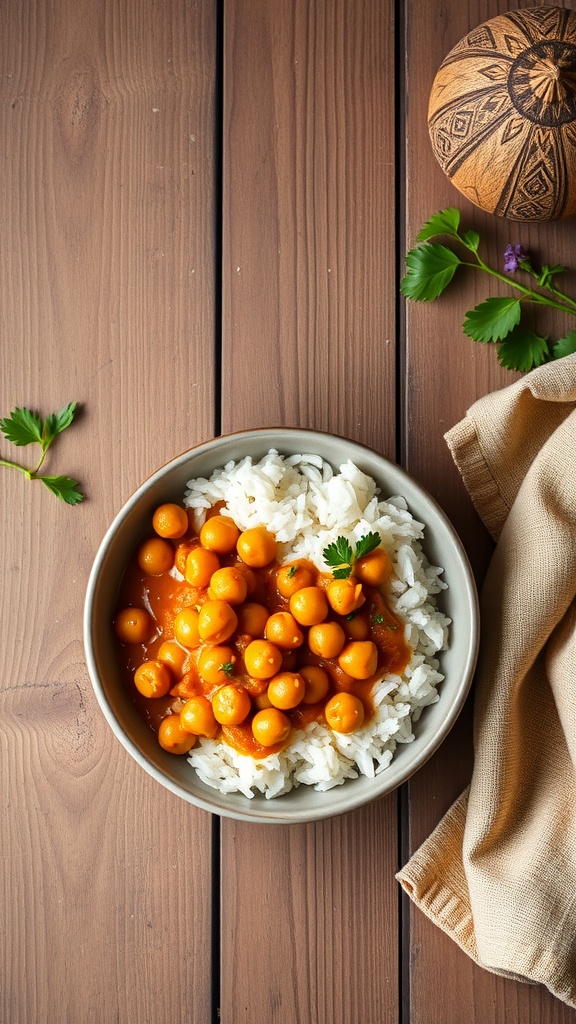 A bowl of chickpea curry with coconut milk served over rice, garnished with cilantro.