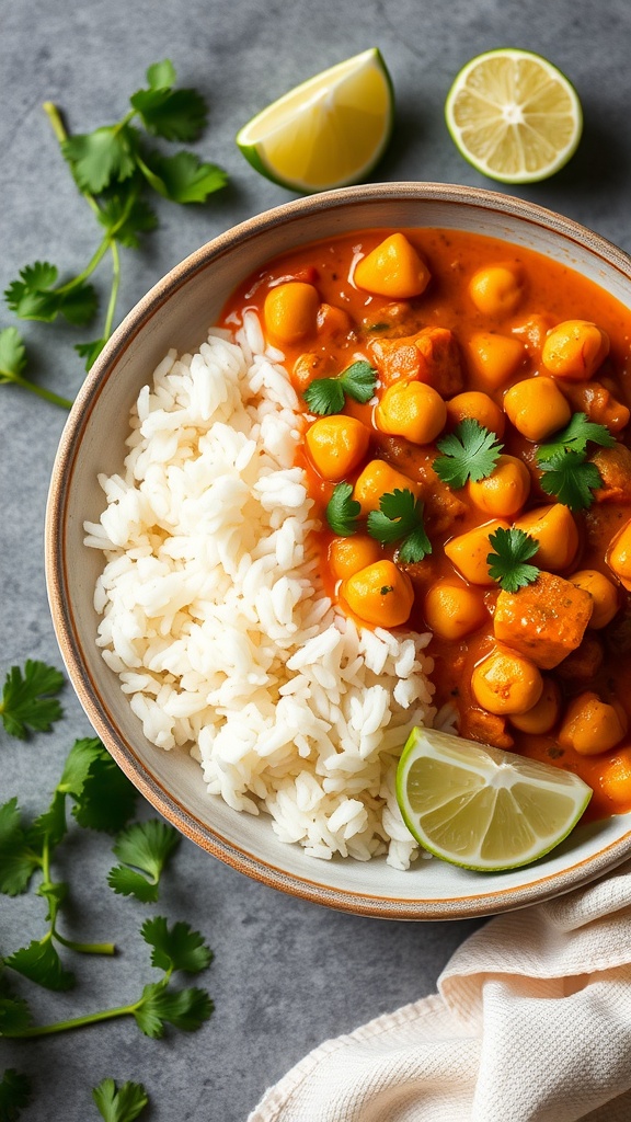 A bowl of chickpea curry served with rice, garnished with cilantro and lime.