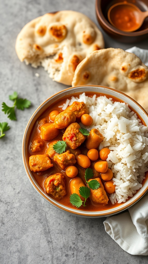 A bowl of chickpea curry served with rice and garnished with cilantro.