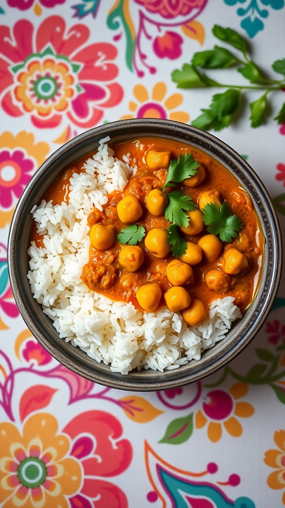 A bowl of chickpea curry served with rice and garnished with cilantro.