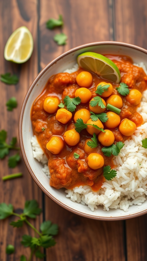 Bowl of chickpea curry served with rice, garnished with cilantro and lime.