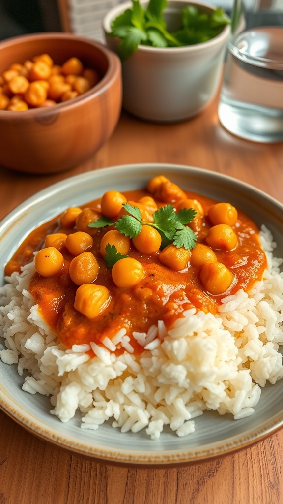 A plate of chickpea curry served over fluffy rice, garnished with cilantro.