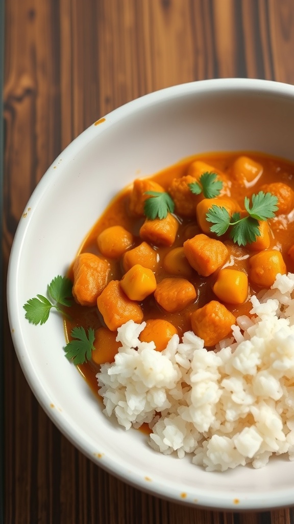 A bowl of chickpea curry with rice, garnished with cilantro.