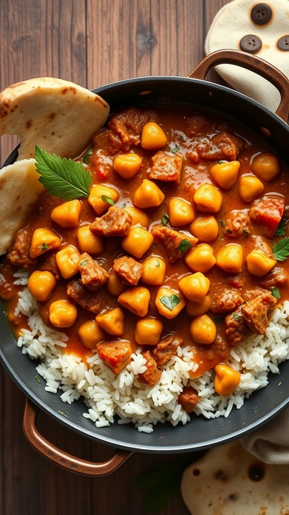 A delicious chickpea curry served over rice with naan bread on the side.