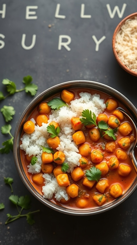 A bowl of chickpea curry with rice, garnished with cilantro.
