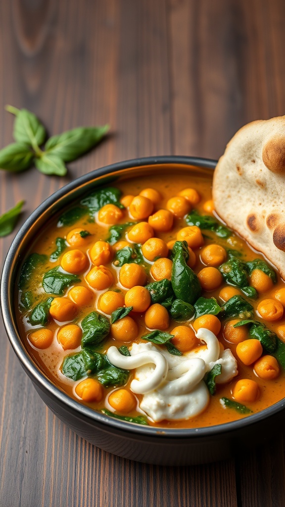 A bowl of chickpea curry with spinach, topped with yogurt and served with naan.