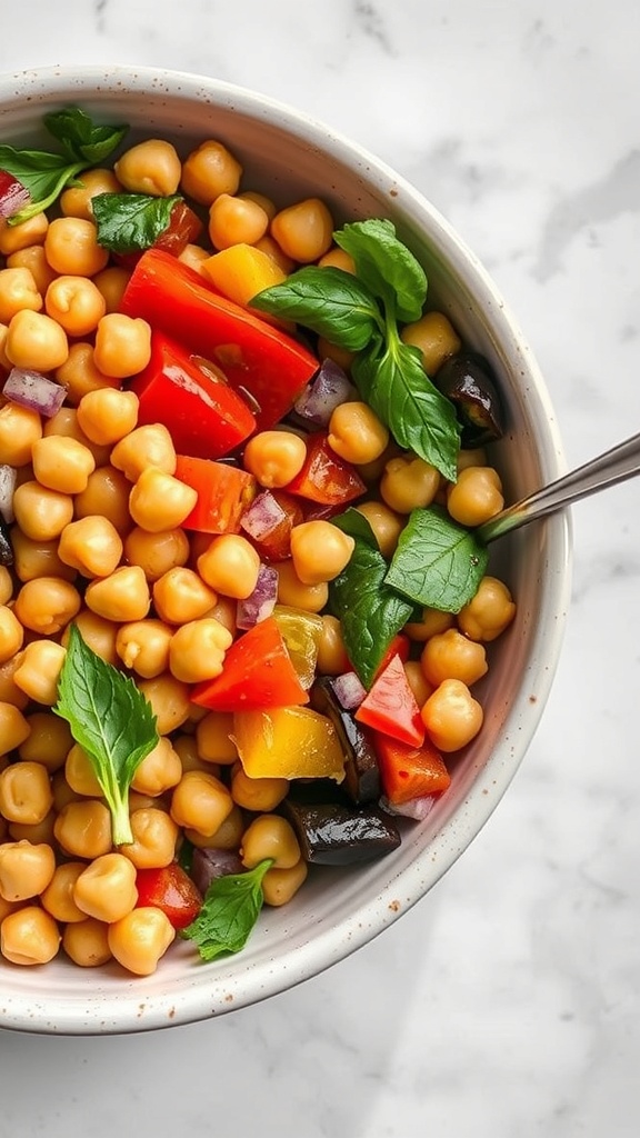 A colorful chickpea salad bowl with diced bell peppers, red onion, and fresh herbs.
