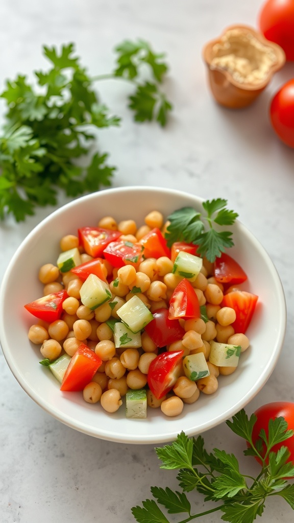 A bowl of chickpea salad with tomatoes and cucumbers, garnished with parsley.